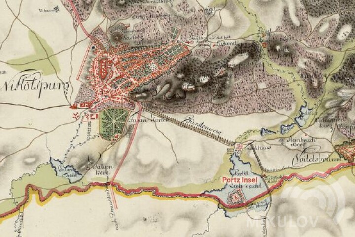 1. Militärische Kartierung, 1764–1768, in der der Grenzverlauf durch den südlichen Randbereich der Portz-Insel dargestellt wird. Quelle: Erste Militärische Kartierung, Kartenblatt Niederösterreich, Karte 23, Österreichisches Staatsarchiv/Militärisches Archiv, Wien.