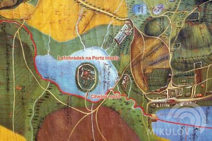 Perspektywistyczna mapa mikulowksiego majątku stworzona przez Klemensa Beuttlera z Ebelbergu dla księcia Ferdynanda z Dietrichsteinów w 1672 roku. Fragment zachowanego wycinku mapy obrazuje przebieg morawsko- austriackiej granicy w XVII wieku. Źrodło: Mapa majątku mikulowskiego z roku 1672, zbiór Muzeum Regionu w Mikulowie, inv. nr. 4872. Uzupełniono.