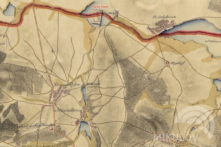 The historical map of the fishpond system on the Mühlbach brook (today‘s Rybniční brook), period 1773–1781, shows the border running through the middle of Portz Insel. Source: 1st Military Survey, Section Lower Austria, No. 23, Austrian State Archive/Military Archive, Vienna. Modified.